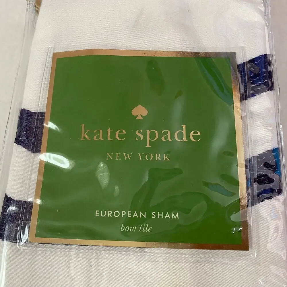 Kate Spade Bow Tile European Sham White Navy Blue Cotton Pillow Cover Single NIP
